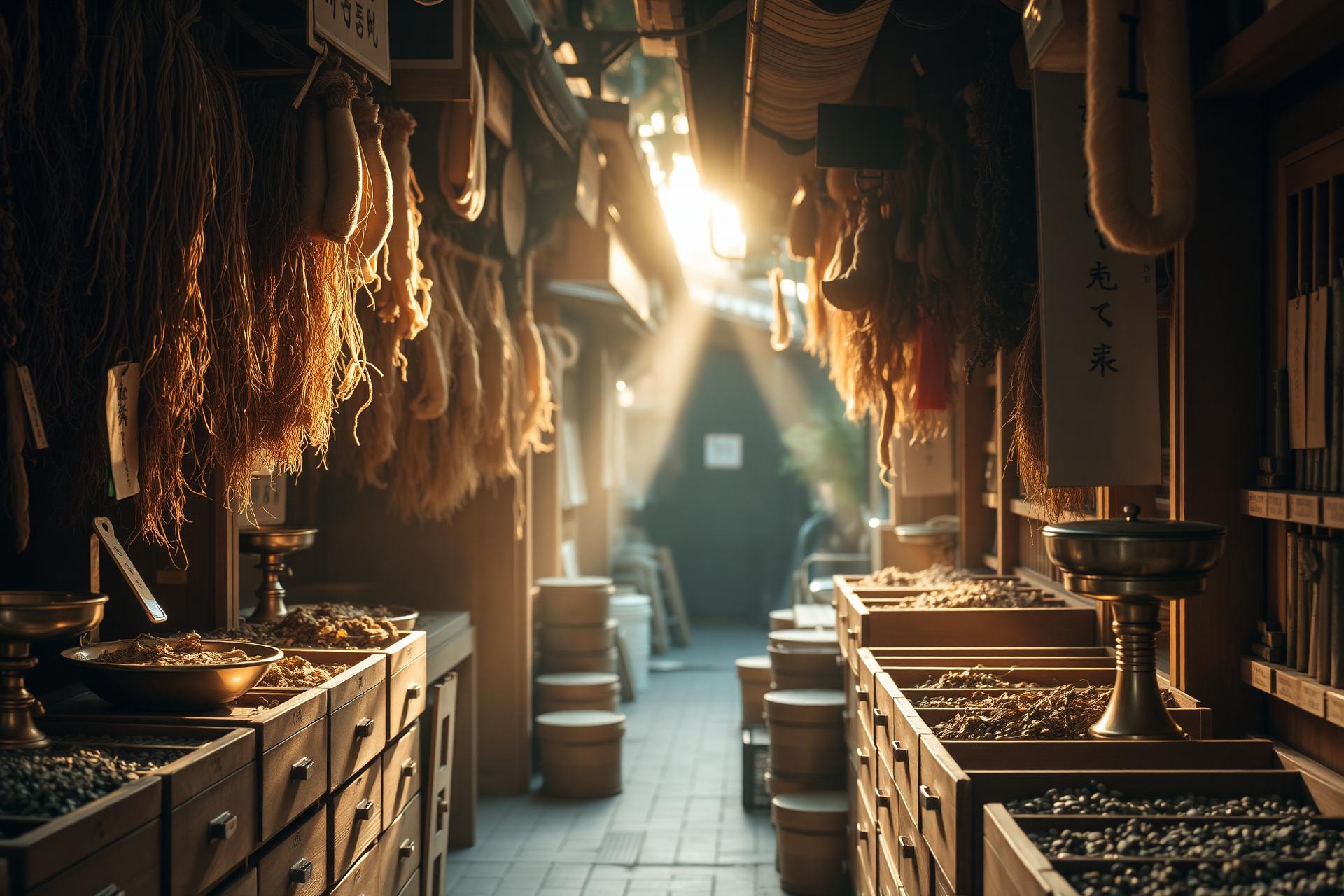 Traditional Korean herbal market alley at golden hour